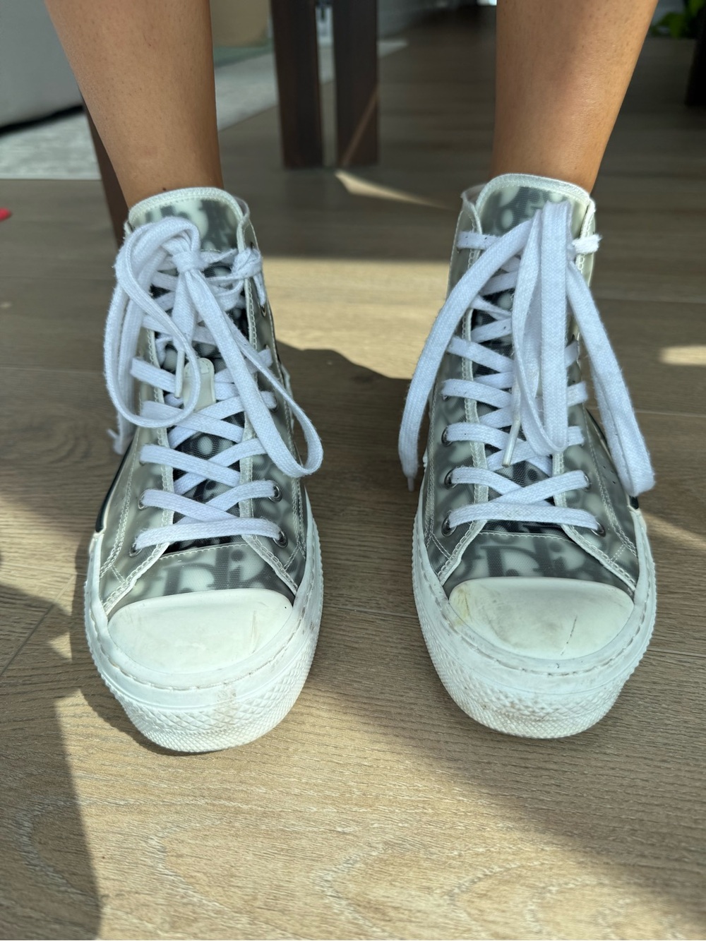 Dior High-Top Logo-Print Sneakers in White and Gray